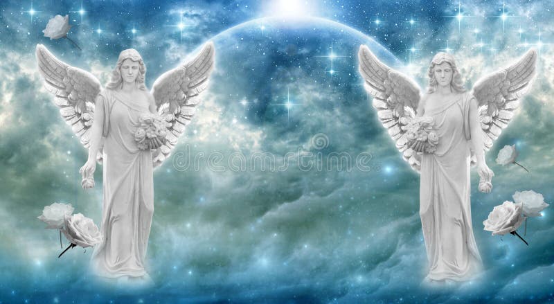 Due arcangeli blu pianeta, nuvoloso il cielo, stelle un bianco rose Come angelico spirituale un religioso.