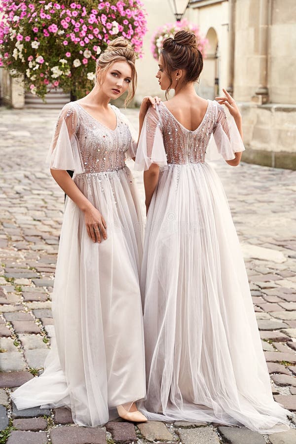 Two Beautiful Bridesmaids Ladies in Gorgeous Elegant Stylish Light Grey ...