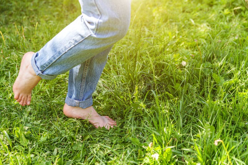 Two Beautiful Female Feet Walking on Grass in Sunny Summer Morning ...