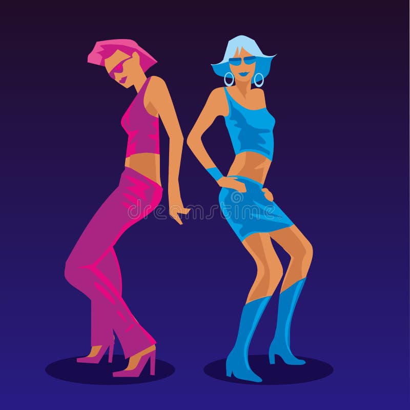 Two beautiful women dancing at the disco in fashionable mini dresses. Vector flat illustration on colorful background.