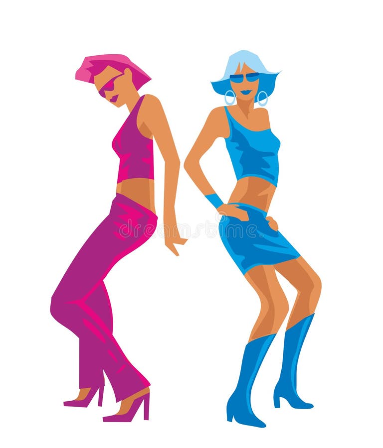 Two beautiful women dancing at the disco in fashionable sexy mini dresses. Vector flat illustration on white background.