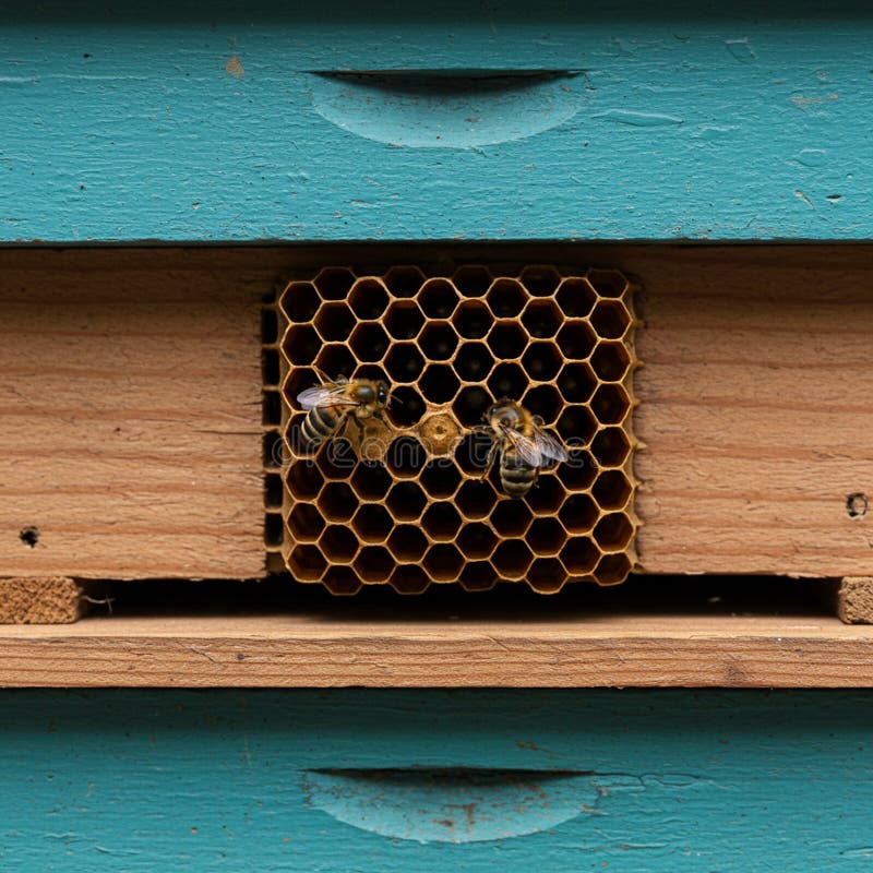 Two bees, likely *Apis mellifera*, stand on a wooden frame containing a hexagonal royalty free illustration