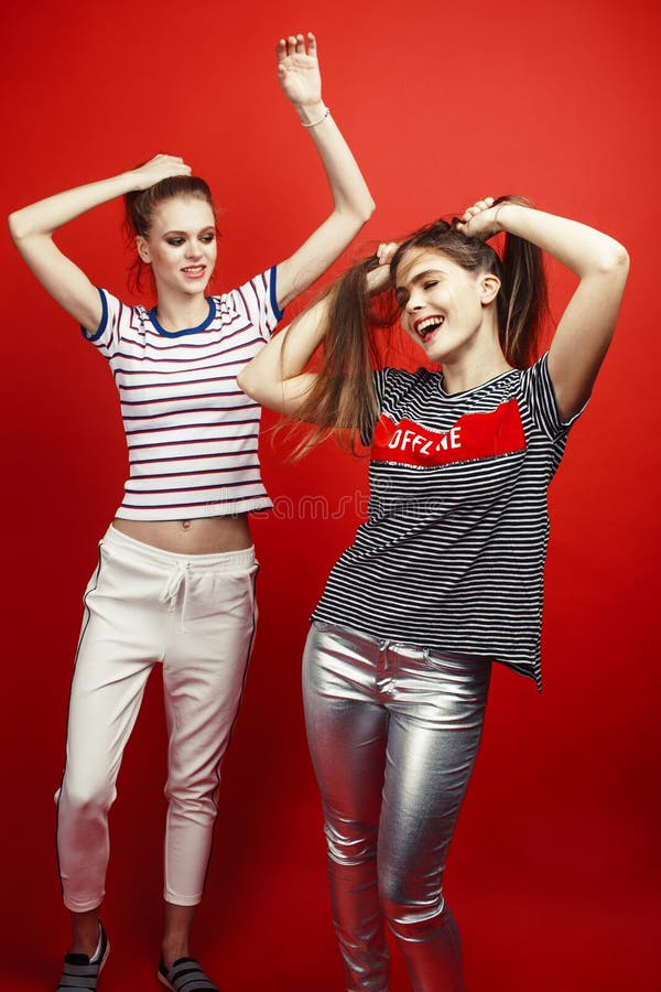 Two Best Friends Teenage Girls Together Having Fun Posing Emoti Stock