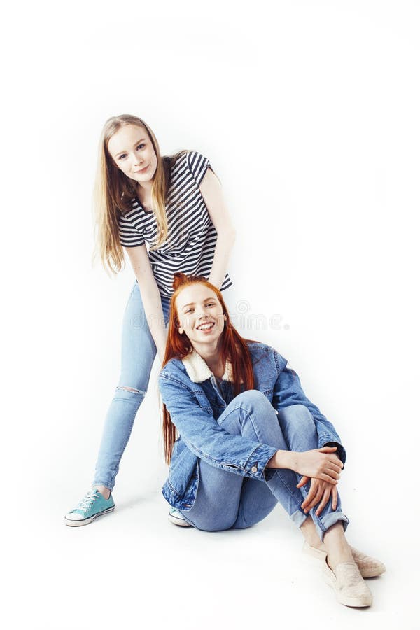 two best friends teenage girls together having fun posing emotional white background besties happy smiling making two best 149638157