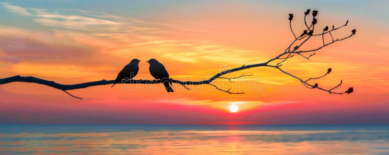 Two birds perched on a tree branch at sunset over calm ocean stock photos