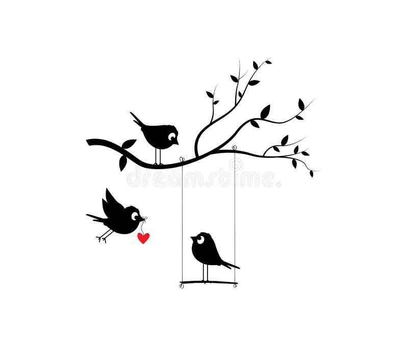 Bird on Swing on Branch and Flying Bird Holding Heart, Vector Stock