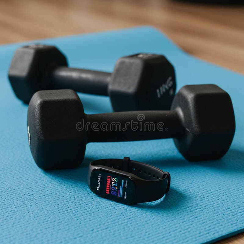 Two black hexagonal dumbbells rest on a textured blue yoga mat. In front of them, a vector illustration