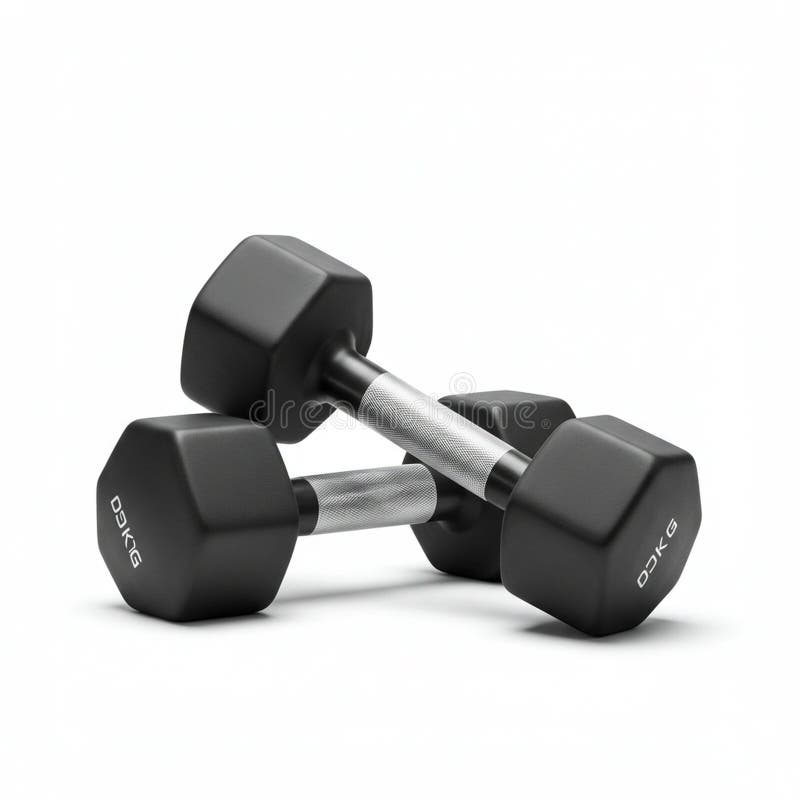 Two black hexagonal dumbbells with silver handles rest diagonally against each other. stock illustration