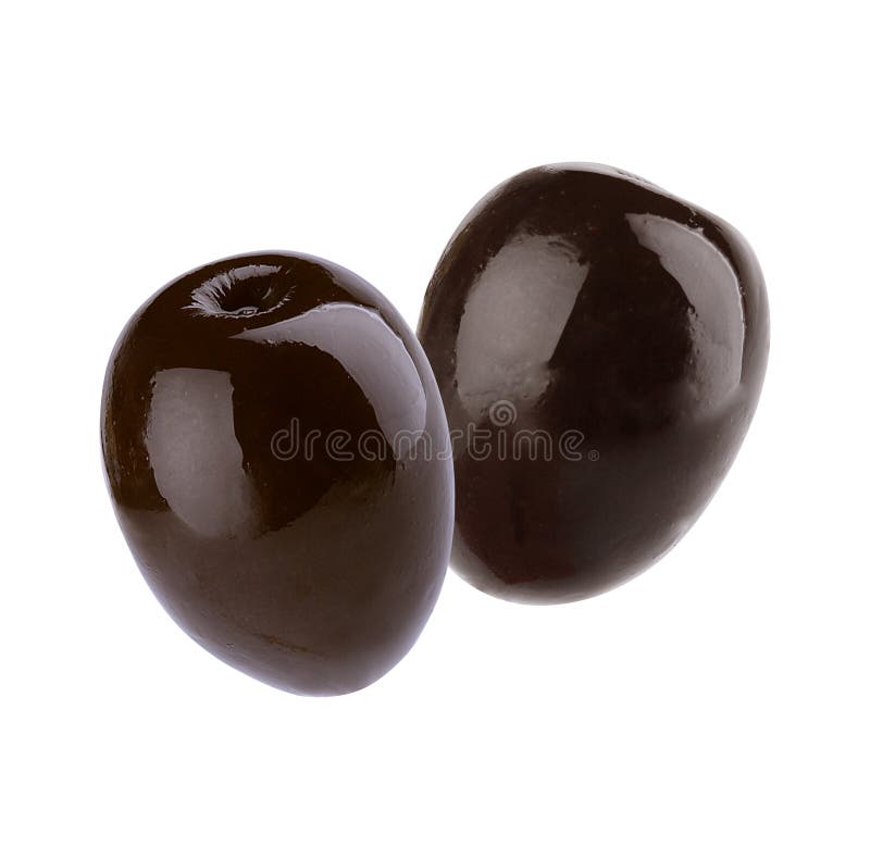 Two Whole Black Olives Glossy Isolated On White Background With Stock