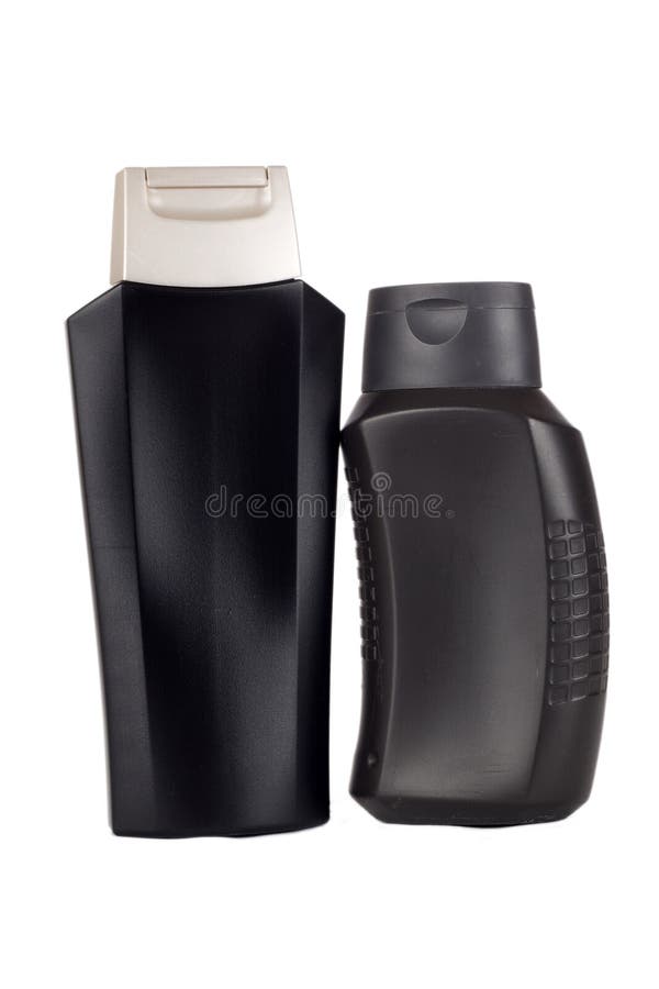 Two black plastic bottles