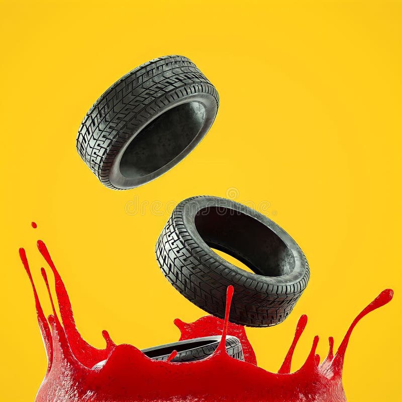 Two black tires fall into a pool of red paint, creating a splash on a yellow background vector illustration