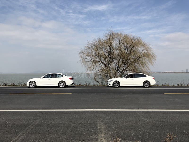 Два автомобиля BMW 3-й серии выстраиваются под деревьями вдоль дороги в озере Тайху, провинция Цзянсу, с голубым небом и белыми облаками. Два автомобиля BMW 3-й серии припаркованы под стоковой фотографией