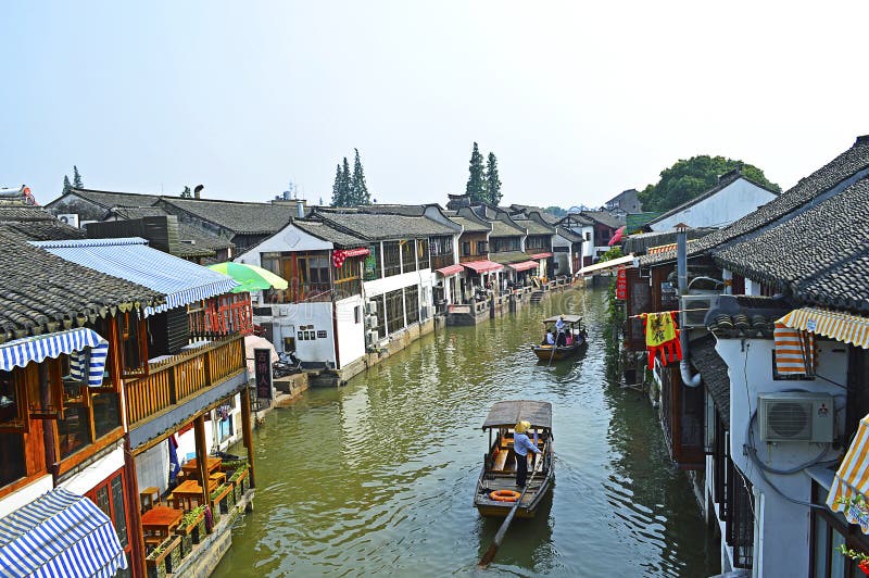 Top View of Boats on the River in Shanghai Zhujiajiao Water Town ...