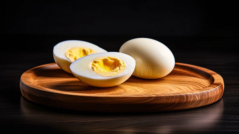 Two boiled half cut eggs in wooden plate on dark background generative AI royalty free illustration