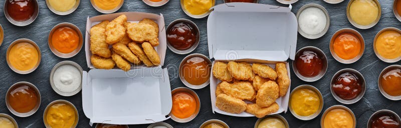 Two boxes of fast food fried chicken nuggets with different dipping sauces