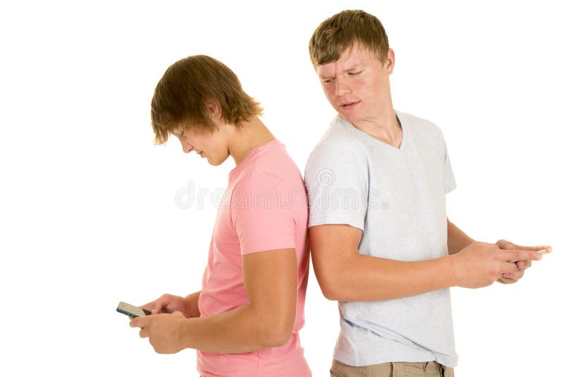 Two boys back to back text one look over shoulder