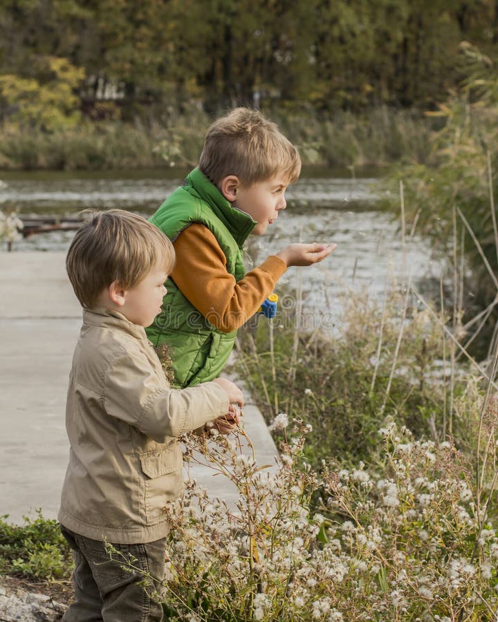 Two boys are blowing dandelions. Children in nature. Children near the river. Boys play with wildflowers.