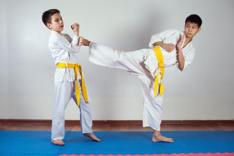 Two Boys Demonstrate Martial Arts Working Together Stock Photo Image