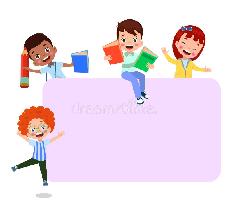 Two boys are sitting on a stack of books and one is holding a pencil and the other is reading a book vector illustration