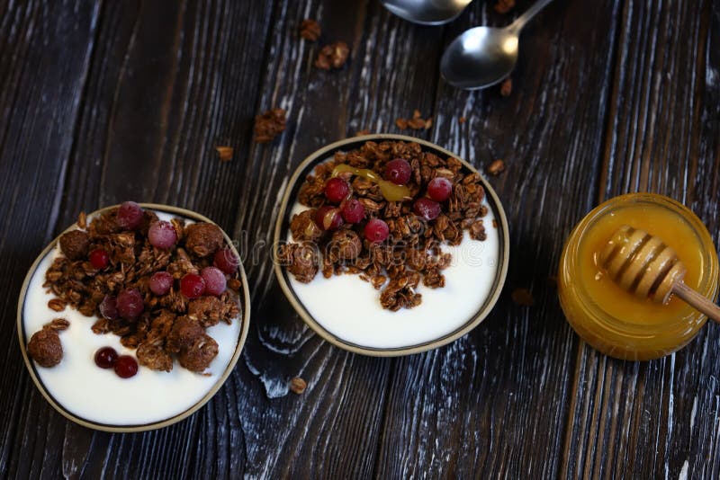 Two Breakfast Bowls with Crunches, Honey, Berries and Yogurt Stock Image Image of seed