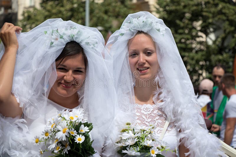 Two Brides Participating In Prague Pride A Big Gay And Lesbian P Editorial Photo Image Of