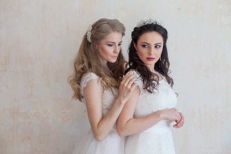 Two Brides on Wedding Wedding Blonde Brunette Stock Photo - Image of ...