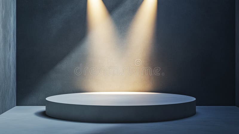 Spotlight shining on a circular podium in a minimalist gray space. Generative AI vector illustration