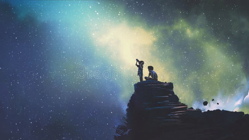 Two brothers looking at stars