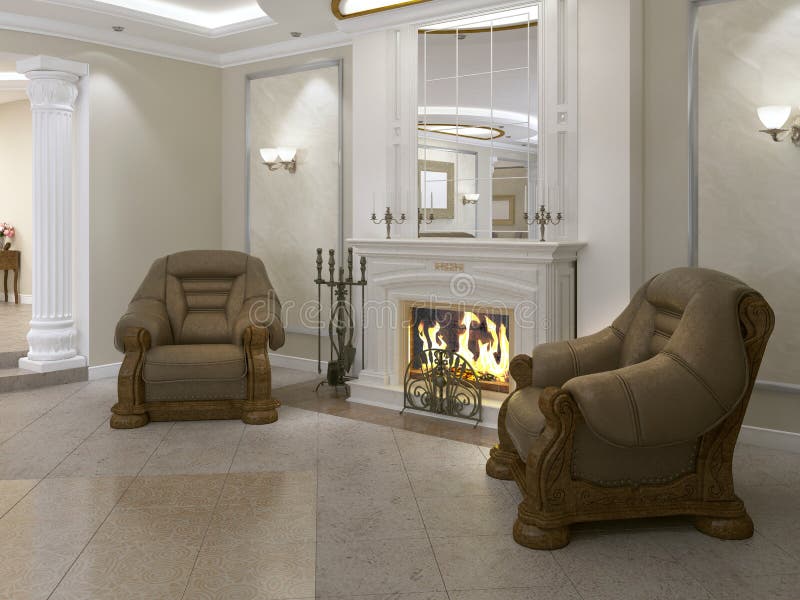 Two Brown Leather Armchairs in Classic Style Near the Fireplace with