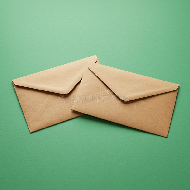 Two brown paper envelopes are placed on a green background. The envelopes are vector illustration