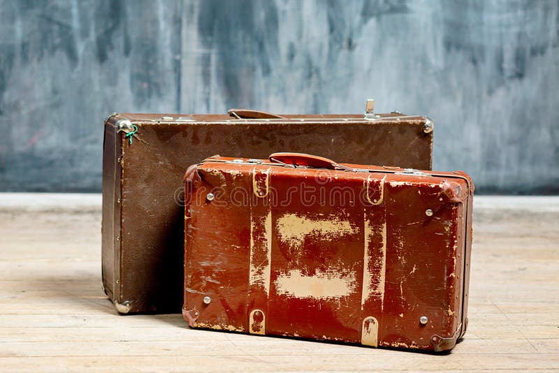 Two Brown Shabby Suitcases Near a Dark Wall in Chalk Stock Image ...