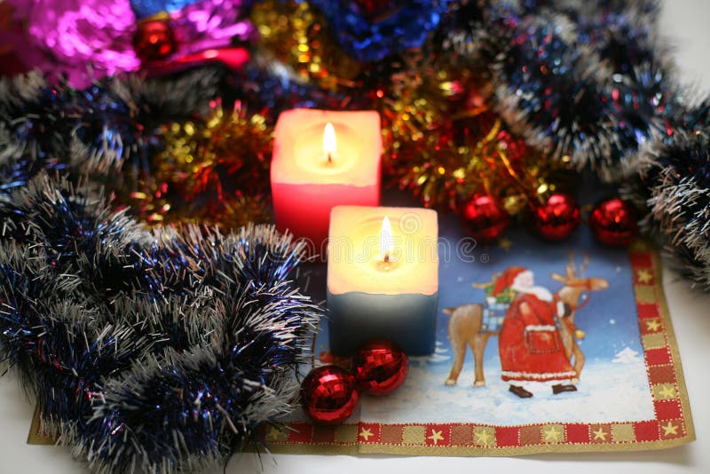 Two Burning Candles with New Year Decoration Stock Photo Image of