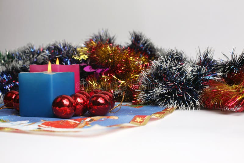 Two Burning Candles with New Year Decoration Stock Photo Image of