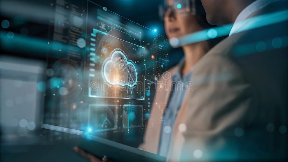 Professional business leader analyzing hybrid cloud infrastructure metrics on a holographic display