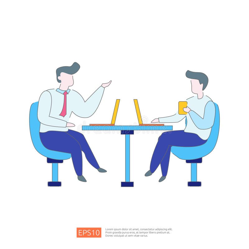 Two businessmen discussing a project during a meeting or a work session. Concept of teamwork, collaboration, and brainstorming royalty free illustration