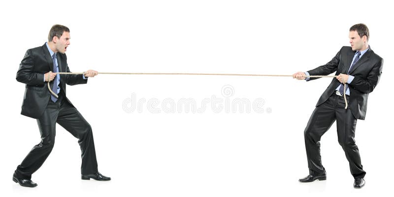 Two businessmen pulling a rope stock image