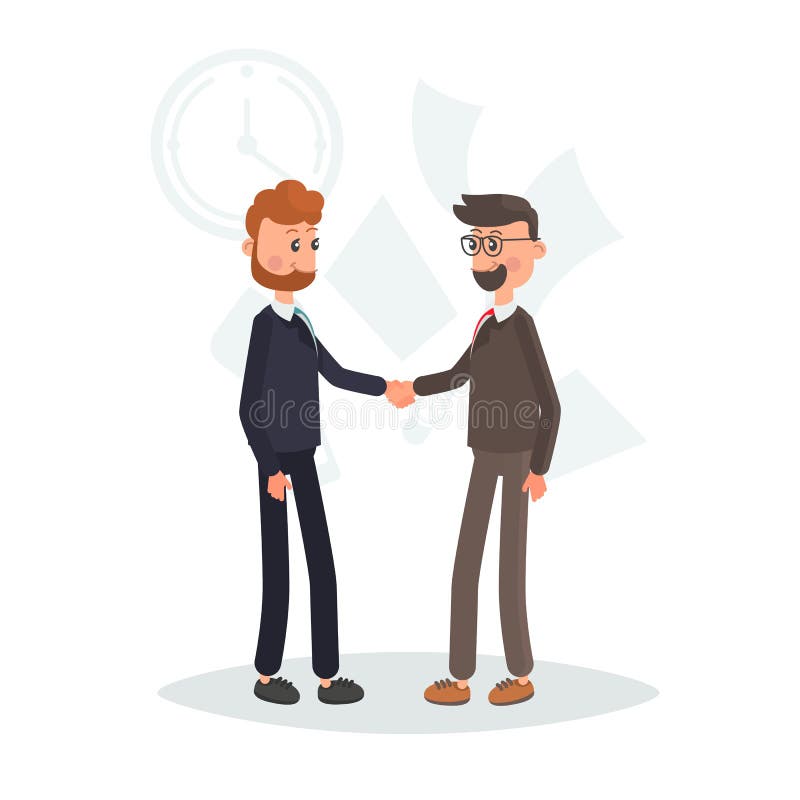 Two businessmen shake hands color flat illustration