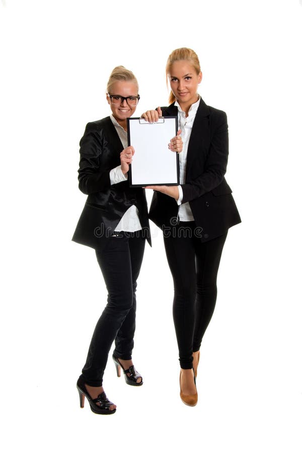 Two businesswomans with folder,photo in studio