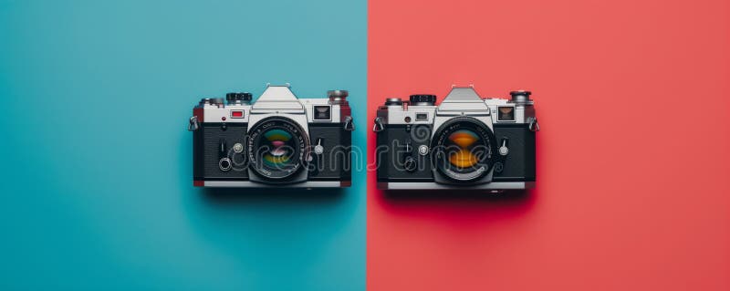 Two cameras, one vintage and one digital, placed side by side on a blue and red background royalty free stock photos