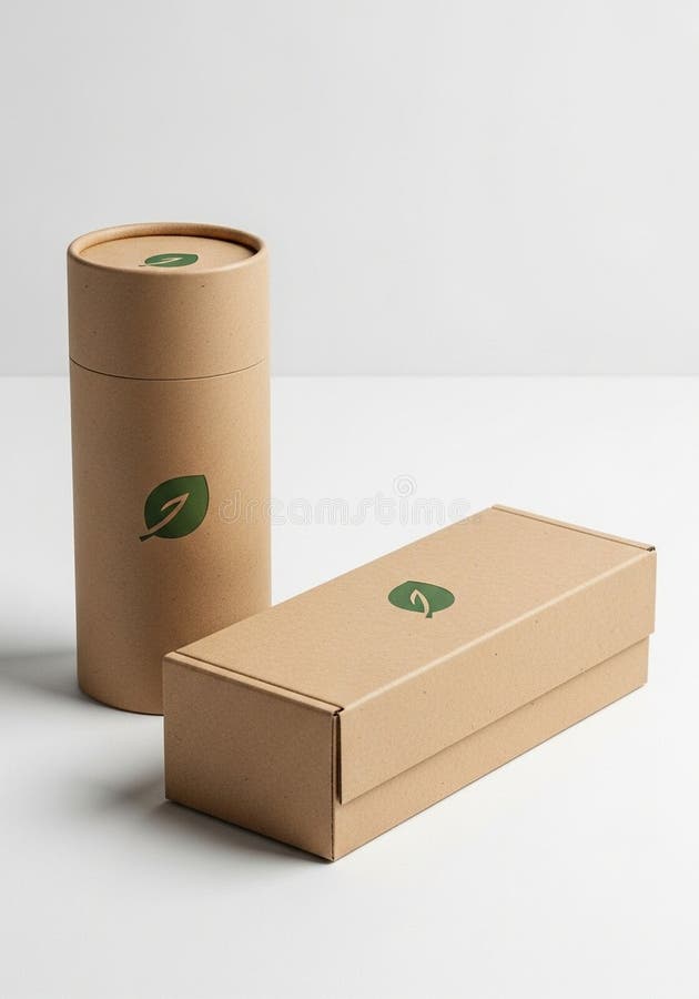 Two cardboard containers displayed on a white surface. One is a cylindrical tube, and vector illustration