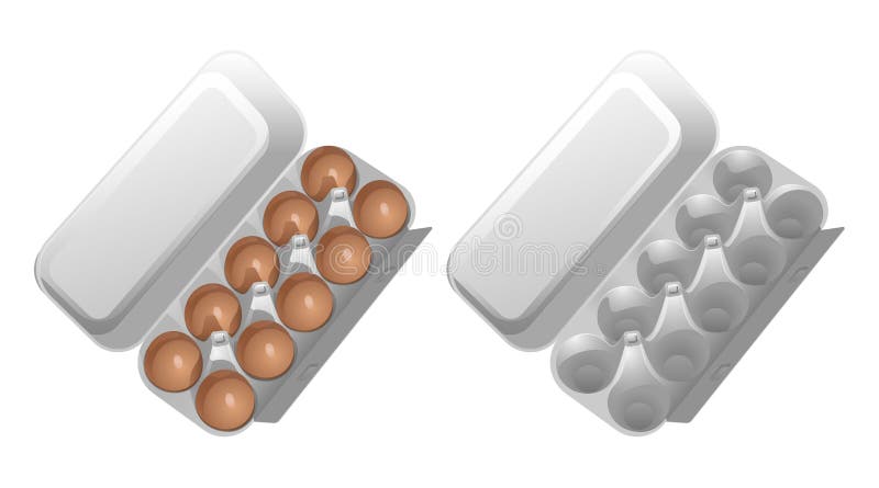 Two cardboard containers for eggs, one empty, the second with brown chicken eggs. vector illustration
