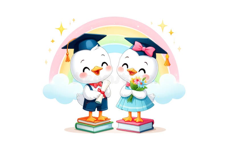 Two cartoon birds holding graduation books royalty free illustration