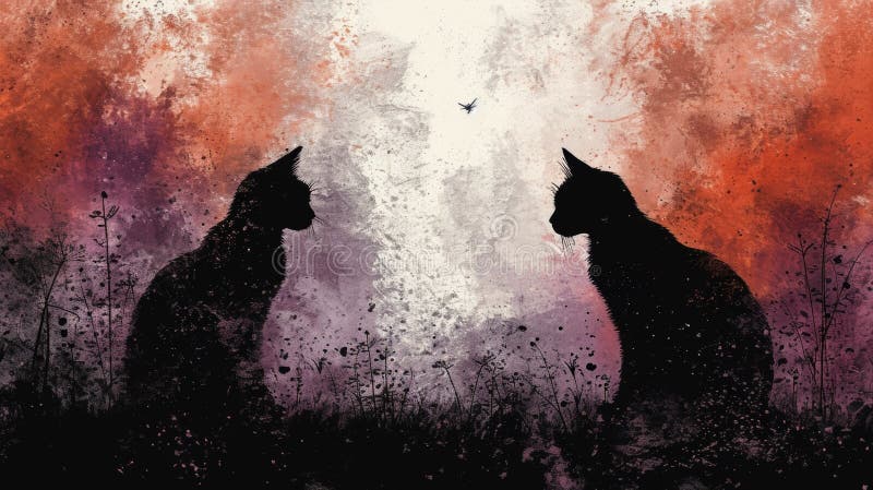 Two cats sitting in a field with butterflies flying around them AI generated