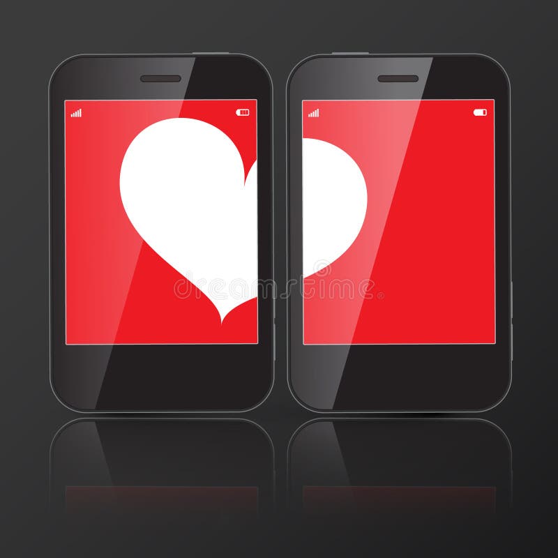 Two Cell Phones with One Heart on Screen. Stock Vector Illustration