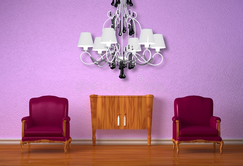 Two chairs with wooden console and chandelier