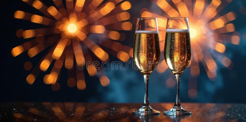 Two champagne flutes, sparkling fireworks, festive celebration, drinks, party, flutes vector illustration