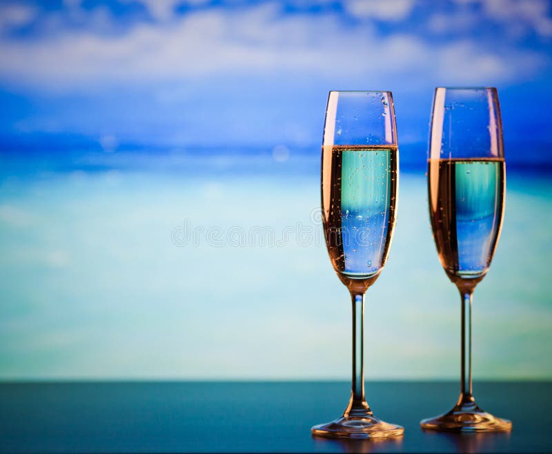 Two Champagne Glasses On The Beach Exotic New Year Stock Image Image Of Pair Holiday 162442861