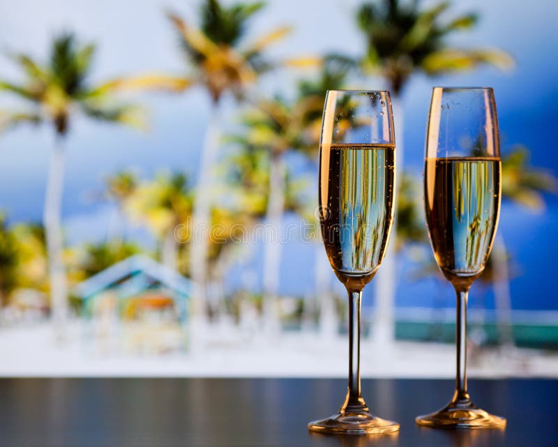 Two Champagne Glasses On The Beach Exotic New Year Stock Image Image Of Getaway Love 162443237