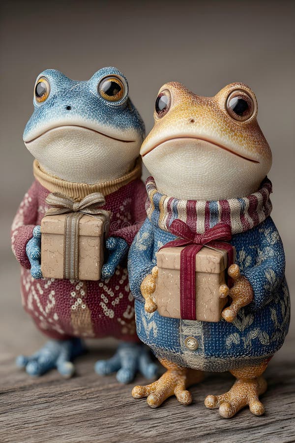 Two anthropomorphic ceramic frogs wearing cozy, patterned sweaters and holding wrapped holiday gifts royalty free illustration