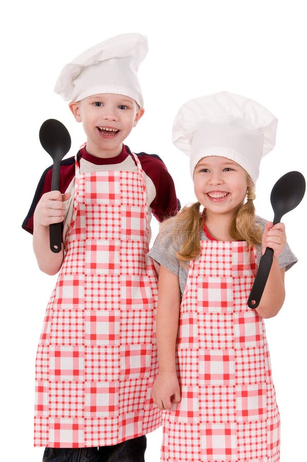 Happy Chefs Boy and Girl with Aprons and Hats Stock Photo Image of love, hand 24589478